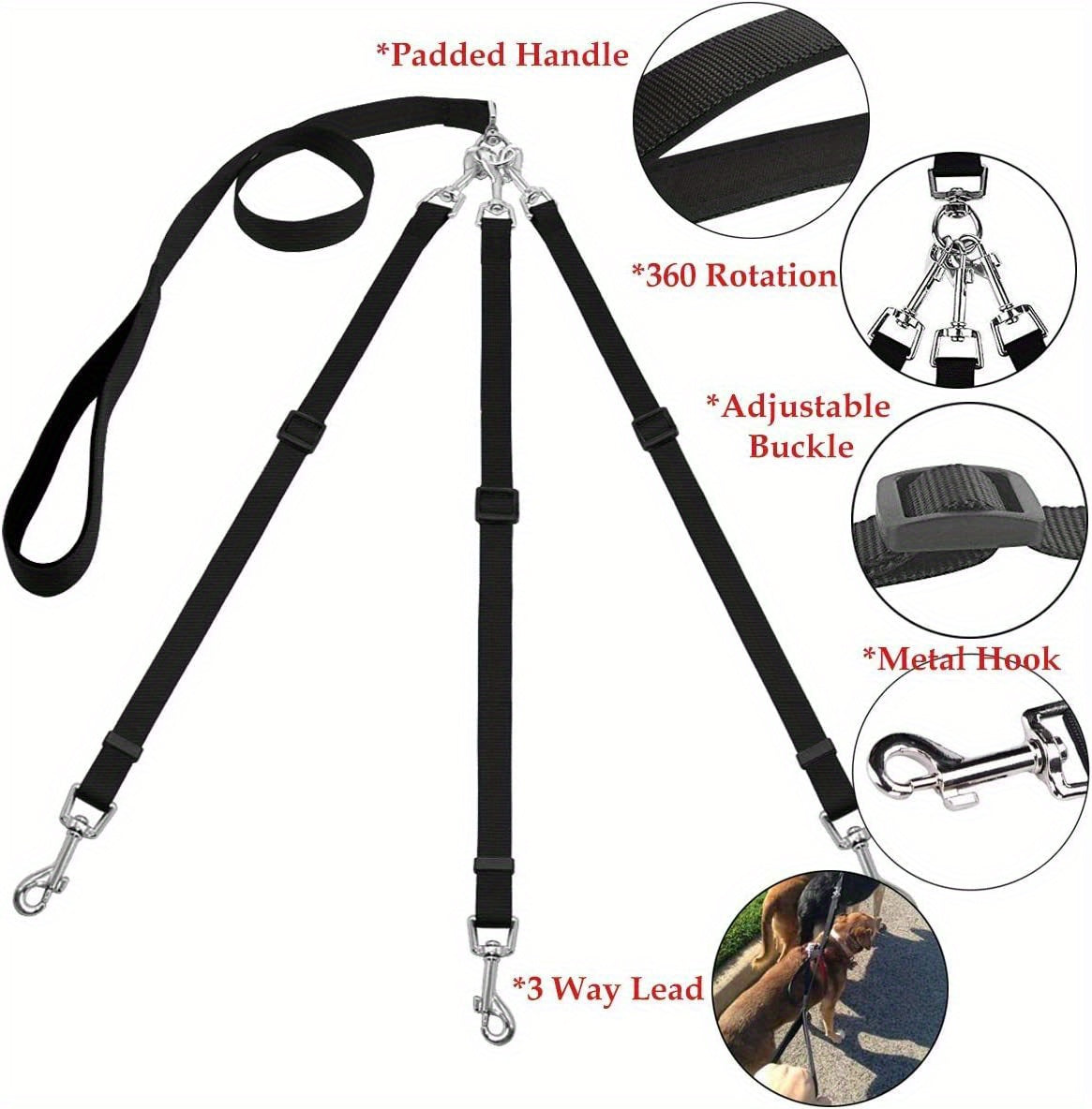 Adjustable No-Pull Dog Leash Suitable for Outdoor Walking & Car Travel - 3-Way Car Seat Belt Harness for Dogs, for Hiking, Camping, Vehicle Rides