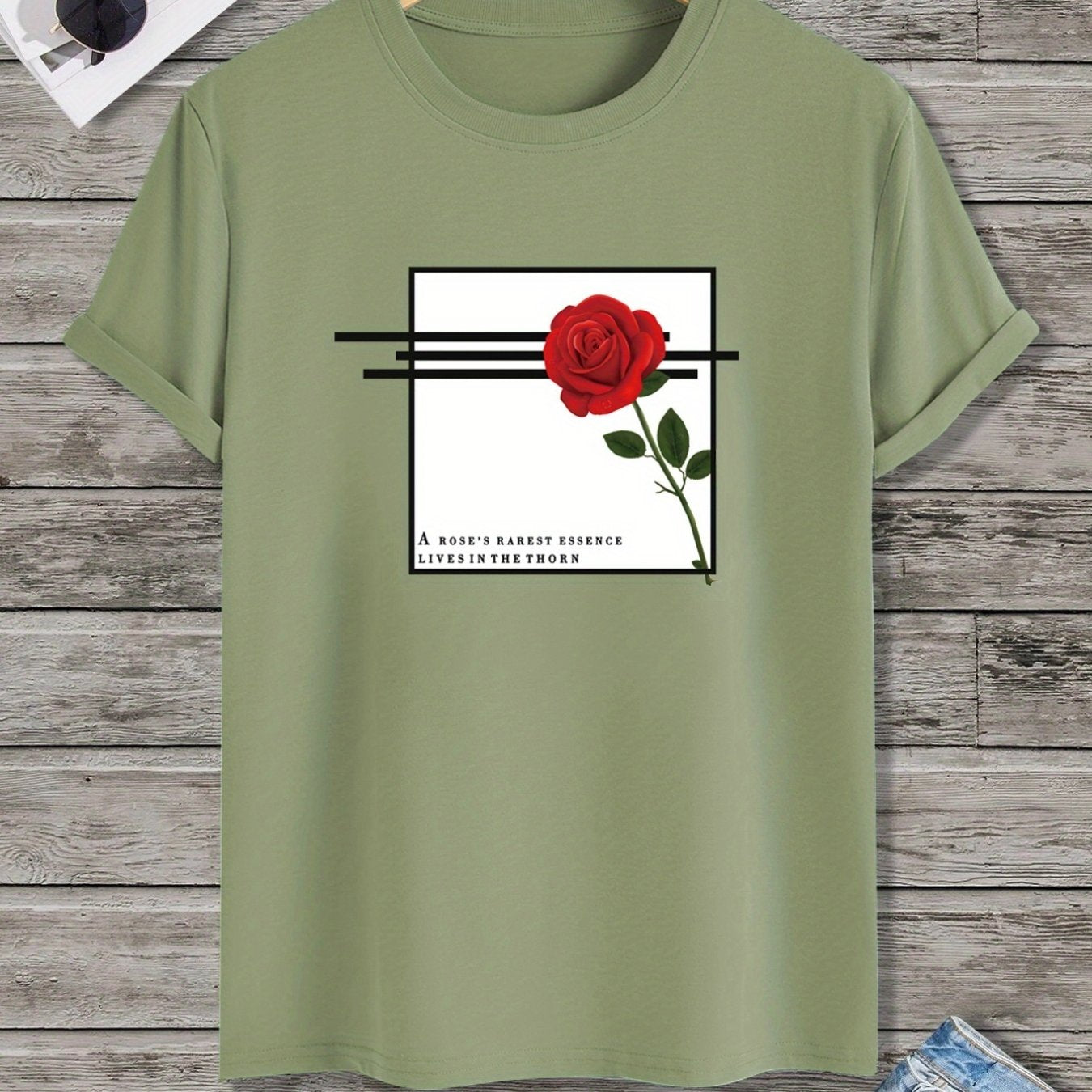 Men's Letter And Rose Graphic Crew Neck T-Shirts, Casual Sport Tees For Spring Summer