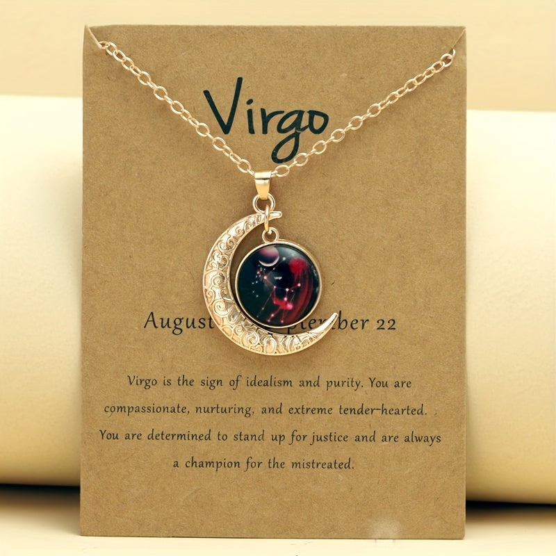 Glow-in-the-Dark Zodiac Necklace with Vintage Moon Pendant - Stylish Aquarius/Sagittarius/Leo/Leprechaun/Night & Sun Signs, Colorful Glass Charms, Zinc Alloy, Perfect Gift for Men