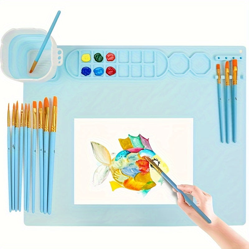 [Non-Stick Craft Mat] Non-Stick 19.6x15.7 Inch Silicone Craft Mat with Collapsible Cup | Large Sky Blue Art Mat, Foldable High Quality Design, Measurement Markings & Multi-Well Palette for Painting, Sculpting, Resin & Hot Glu