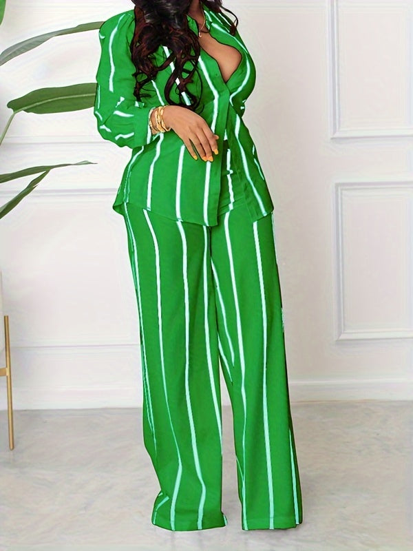 Women's Striped Print Two-piece Set - Button Front Collar Long Sleeve Shirt & High Waist Wide Leg Loose Pants Set - Casual Style - For Women - Perfect for Everyday Wear & Loungewear - Great Gift for Fashionable Women