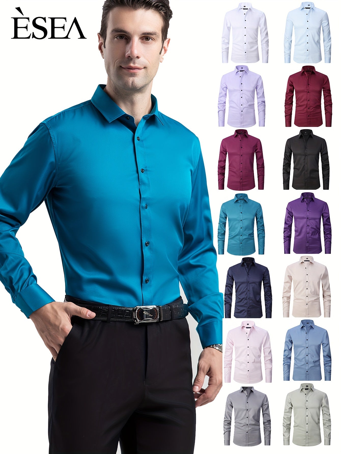 Men'S Stretch Slim-Fit Formal Shirt Without Pockets, Light Business Turn- Collar Long-Sleeved Shirt, Men'S Business Shirt, Wrinkle-Resistant And Durable Solid Color Formal Long-Sleeved Shirt with Buttons And Pockets, Suitable