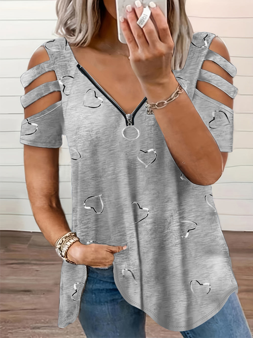 Plus Size, 2021 European and American Cross-Border Wish Women's Fashion V-Neck Zipper Print Short Sleeve Loose Casual T-Shirt Women's Top