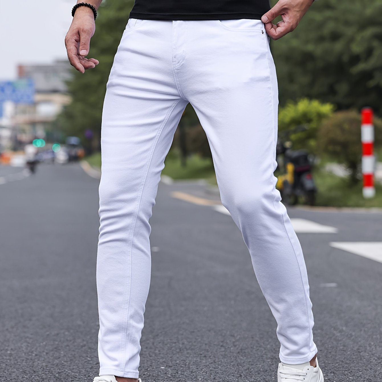 Mid Stretch Slim Fit Jeans, Men's Casual Street Style Contrast Stitching Denim Pants For Spring Summer