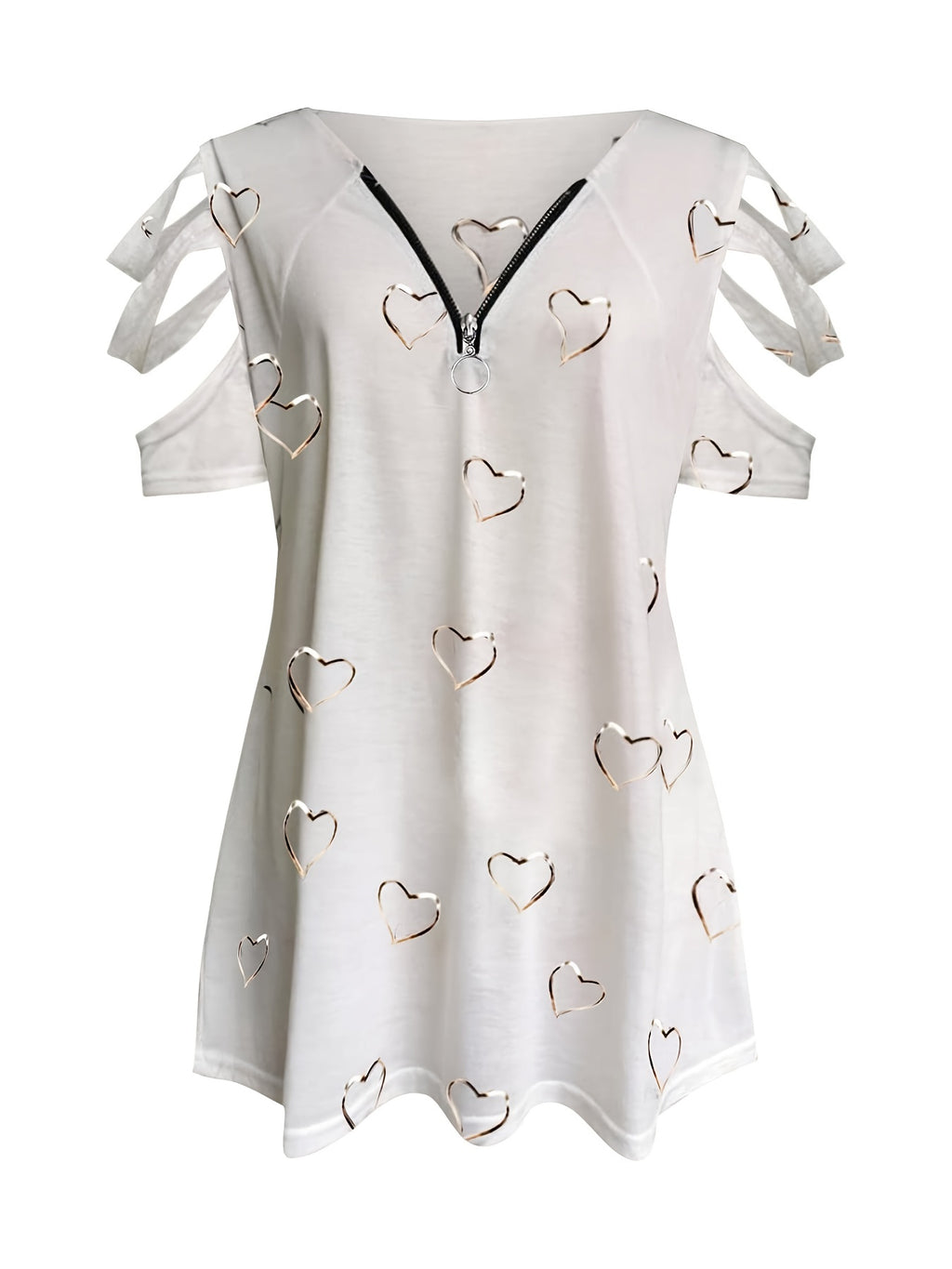 Plus Size, 2021 European and American Cross-Border Wish Women's Fashion V-Neck Zipper Print Short Sleeve Loose Casual T-Shirt Women's Top