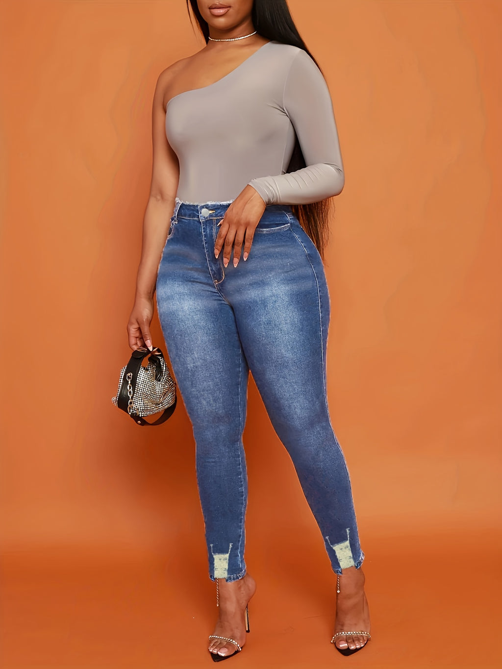 Chic & Stylish Blue Ripped Skinny Jeans for Women - Versatile, High-Stretch, Easy-Care Denim with Raw Hem