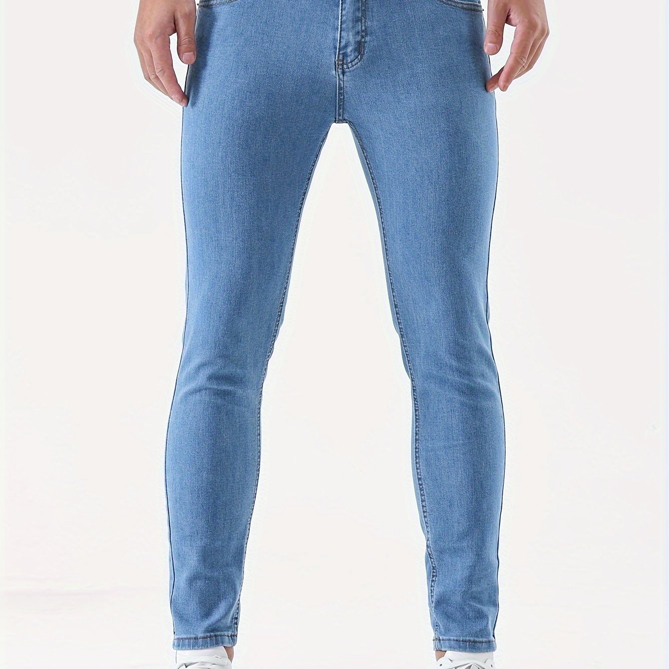 Mid Stretch Slim Fit Jeans, Men's Casual Street Style Contrast Stitching Denim Pants For Spring Summer