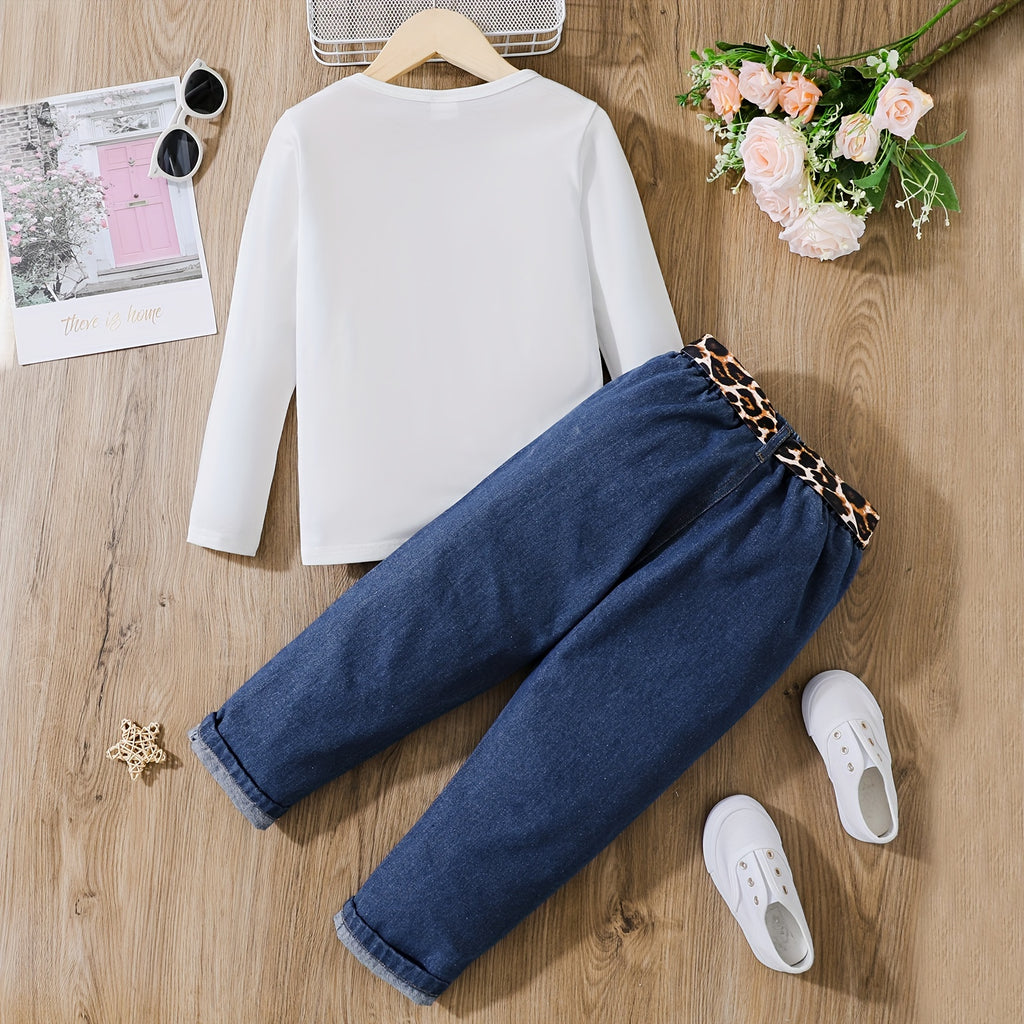 2pcs Girl's Figure Print Long-sleeve Tee and Belted Ripped Denim Jeans Set, Casual Outdoor Clothing
