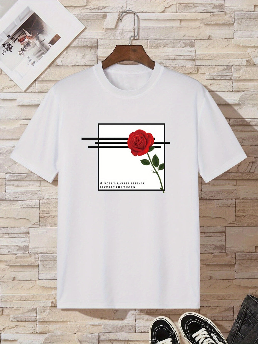 Men's Letter And Rose Graphic Crew Neck T-Shirts, Casual Sport Tees For Spring Summer