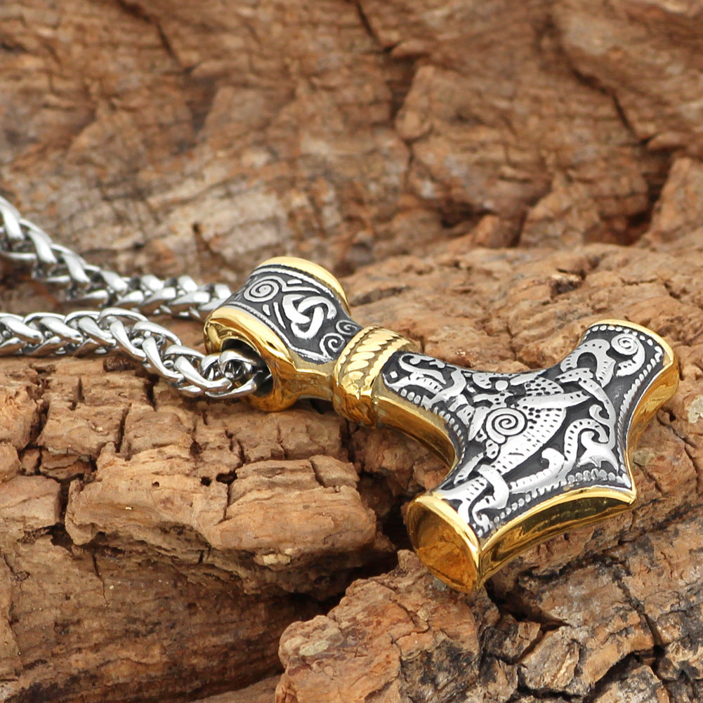 Viking Double Color Hammer Pendant Necklace, Stainless Steel Men's Necklace Viking Jewelry