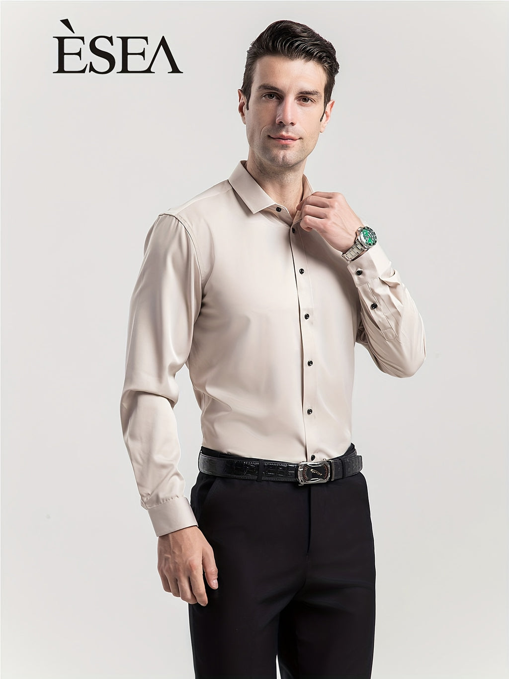 Men'S Stretch Slim-Fit Formal Shirt Without Pockets, Light Business Turn- Collar Long-Sleeved Shirt, Men'S Business Shirt, Wrinkle-Resistant And Durable Solid Color Formal Long-Sleeved Shirt with Buttons And Pockets, Suitable