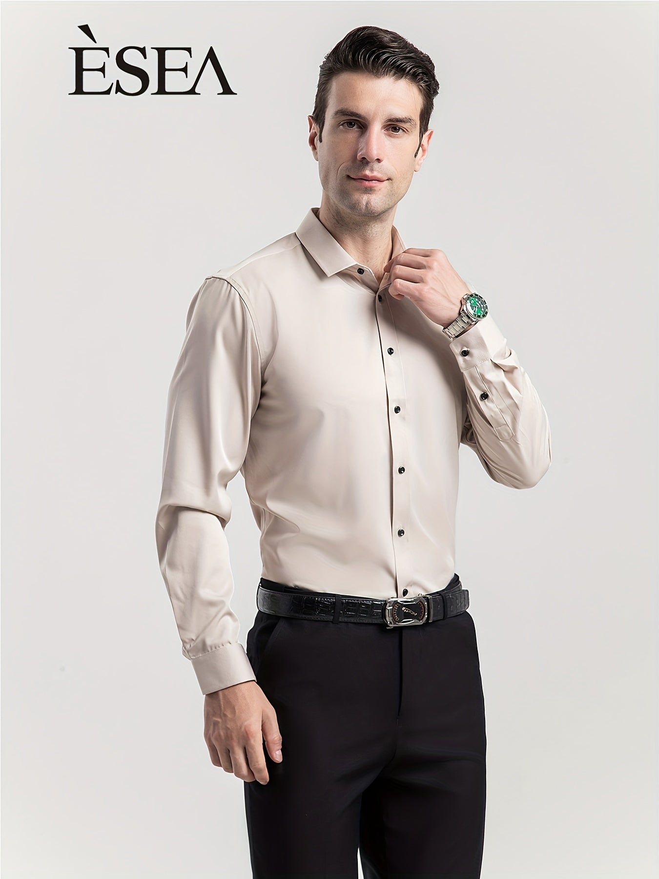 Men'S Stretch Slim-Fit Formal Shirt Without Pockets, Light Business Turn- Collar Long-Sleeved Shirt, Men'S Business Shirt, Wrinkle-Resistant And Durable Solid Color Formal Long-Sleeved Shirt with Buttons And Pockets, Suitable