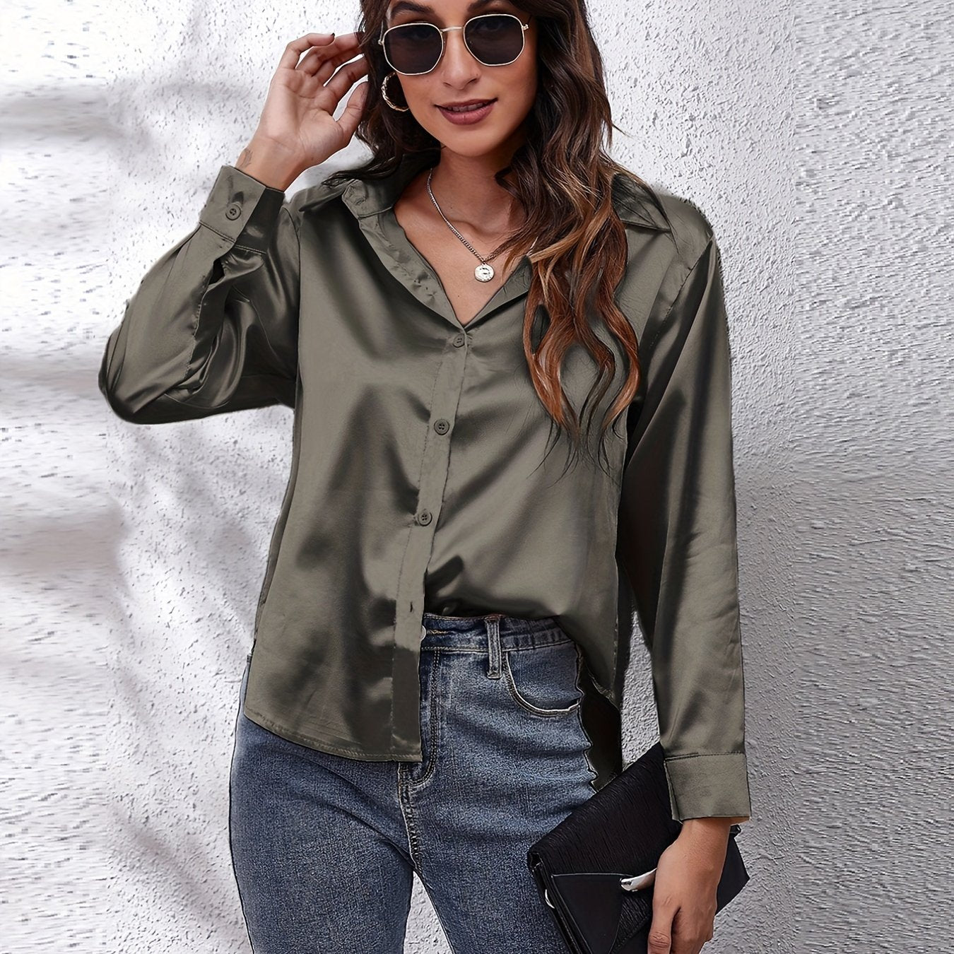 Hot Style In-Kind Shooting Satin Shirt Women'S Satin Imitation Long-Sleeved Shirt New European And American Cross-Border Women'S Clothing