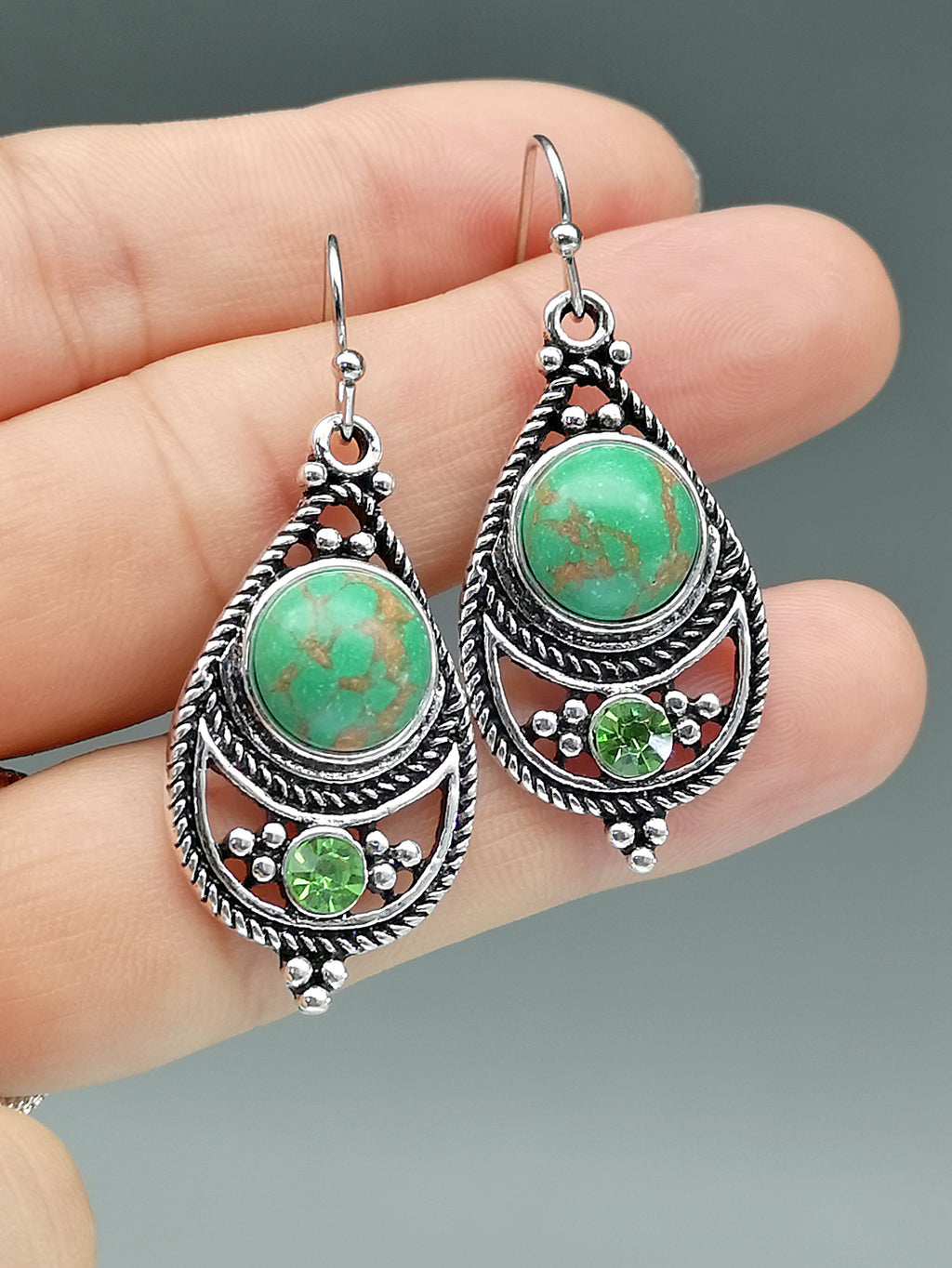 [Vintage Boho Earrings] Green Aventurine Vintage Boho Dangling Earrings | Alloy, English Style, Stainless Steel Ear Needle, for Daily Wear, Office, Street, Party, Vacation, Gift