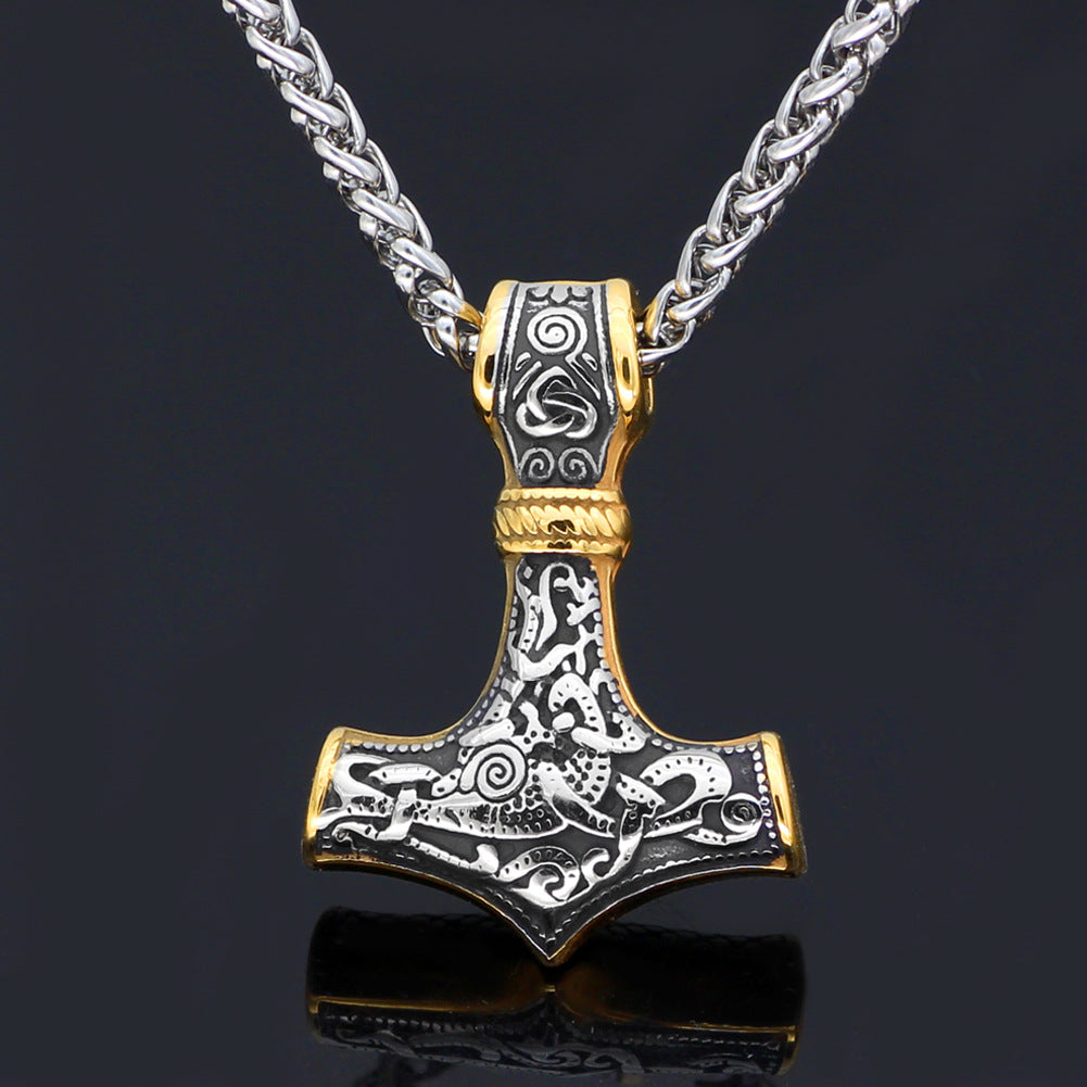 Viking Double Color Hammer Pendant Necklace, Stainless Steel Men's Necklace Viking Jewelry