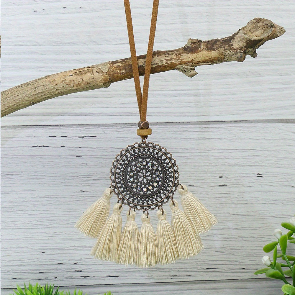 3pcs Ethnic Style Women's Fashion Pendant Necklace Set with Floral Tassel Pendant, Bronze Enamel Drip Zinc Alloy with Glass Rhinestone Inlay, Vintage Necklace