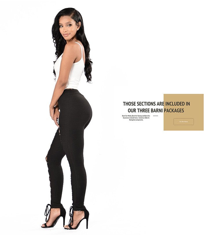 Autumn/Winter European and American Style Sexy Strappy Leggings with Double Rows of Eyelets, Cross-Over Ties, Solid Color Slim-Fit Ankle Pants for Women
