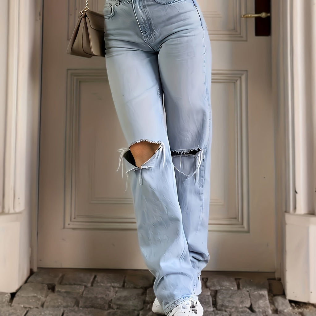Summer-Ready Chic: Effortlessly Cool Blue Ripped Straight-Leg Jeans for Women with Easy-Care & Pockets