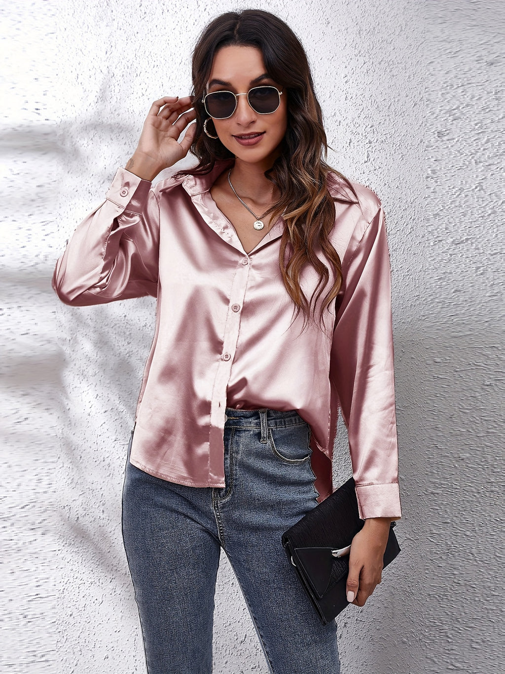 Hot Style In-Kind Shooting Satin Shirt Women'S Satin Imitation Long-Sleeved Shirt New European And American Cross-Border Women'S Clothing