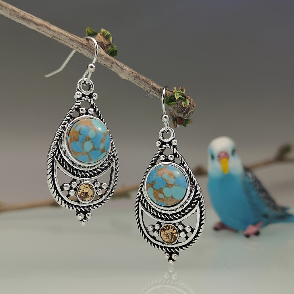 [Vintage Boho Earrings] Green Aventurine Vintage Boho Dangling Earrings | Alloy, English Style, Stainless Steel Ear Needle, for Daily Wear, Office, Street, Party, Vacation, Gift