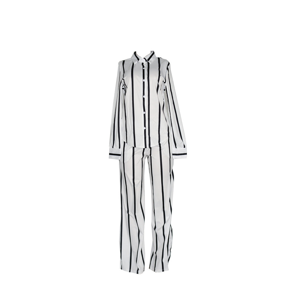 Women's Striped Print Two-piece Set - Button Front Collar Long Sleeve Shirt & High Waist Wide Leg Loose Pants Set - Casual Style - For Women - Perfect for Everyday Wear & Loungewear - Great Gift for Fashionable Women