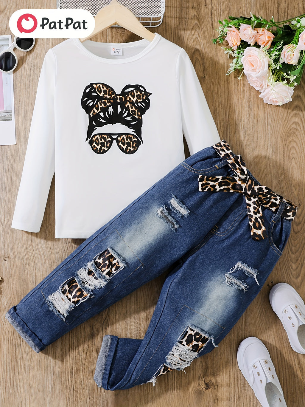 2pcs Girl's Figure Print Long-sleeve Tee and Belted Ripped Denim Jeans Set, Casual Outdoor Clothing