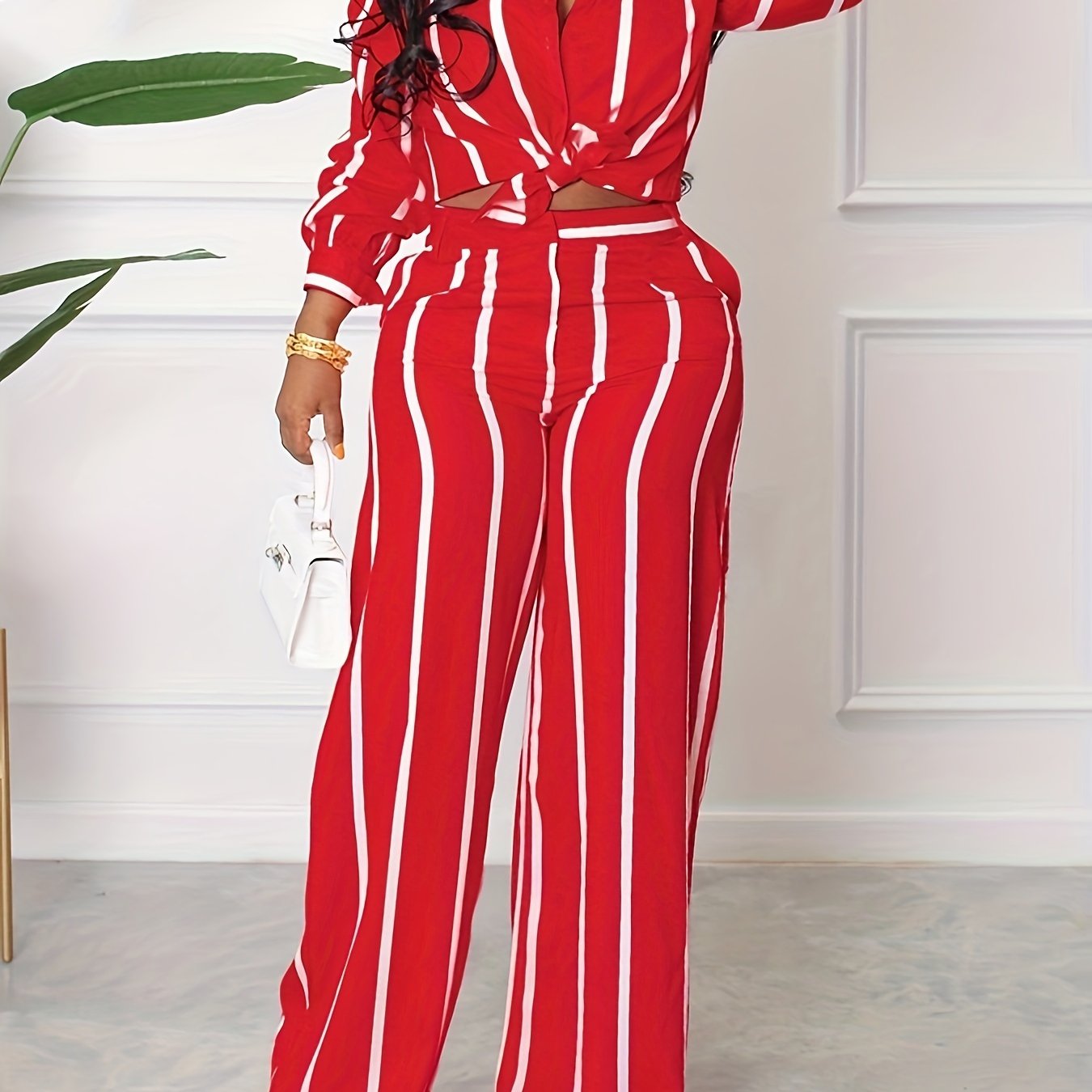 Women's Striped Print Two-piece Set - Button Front Collar Long Sleeve Shirt & High Waist Wide Leg Loose Pants Set - Casual Style - For Women - Perfect for Everyday Wear & Loungewear - Great Gift for Fashionable Women