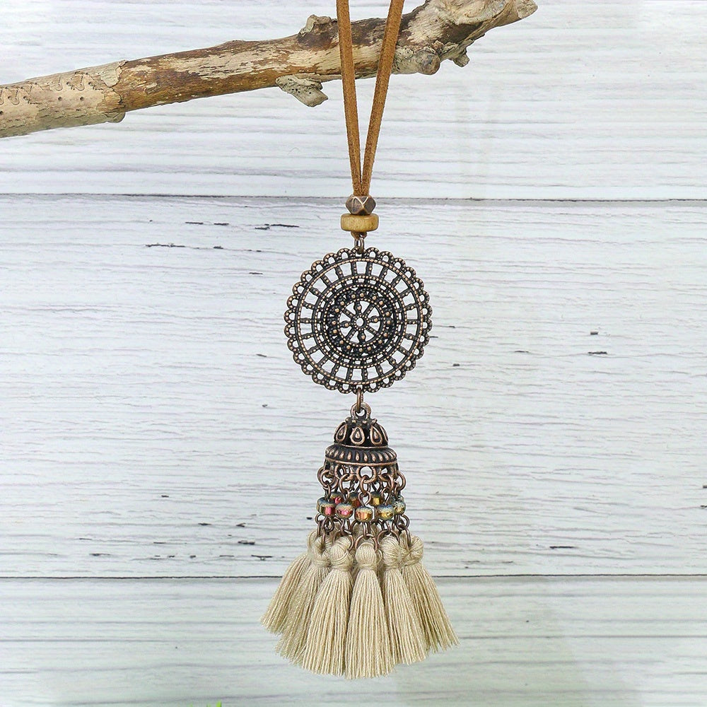 3pcs Ethnic Style Women's Fashion Pendant Necklace Set with Floral Tassel Pendant, Bronze Enamel Drip Zinc Alloy with Glass Rhinestone Inlay, Vintage Necklace