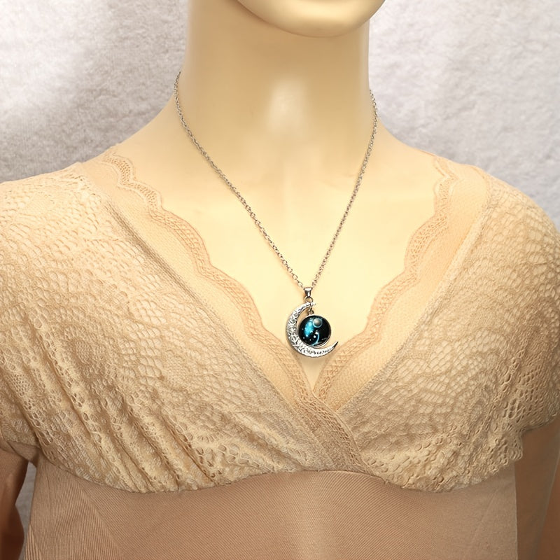Glow-in-the-Dark Zodiac Necklace with Vintage Moon Pendant - Stylish Aquarius/Sagittarius/Leo/Leprechaun/Night & Sun Signs, Colorful Glass Charms, Zinc Alloy, Perfect Gift for Men