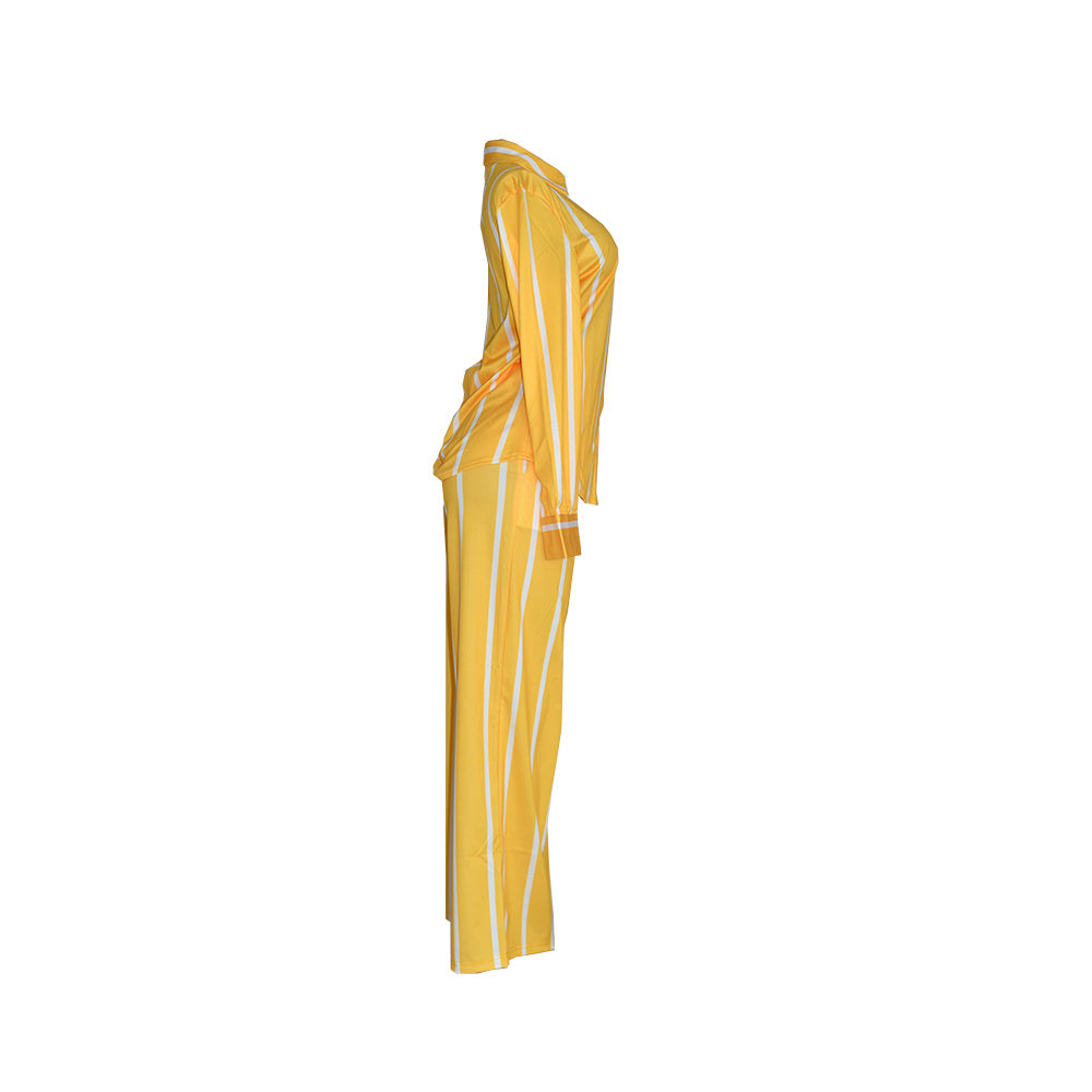 Women's Striped Print Two-piece Set - Button Front Collar Long Sleeve Shirt & High Waist Wide Leg Loose Pants Set - Casual Style - For Women - Perfect for Everyday Wear & Loungewear - Great Gift for Fashionable Women