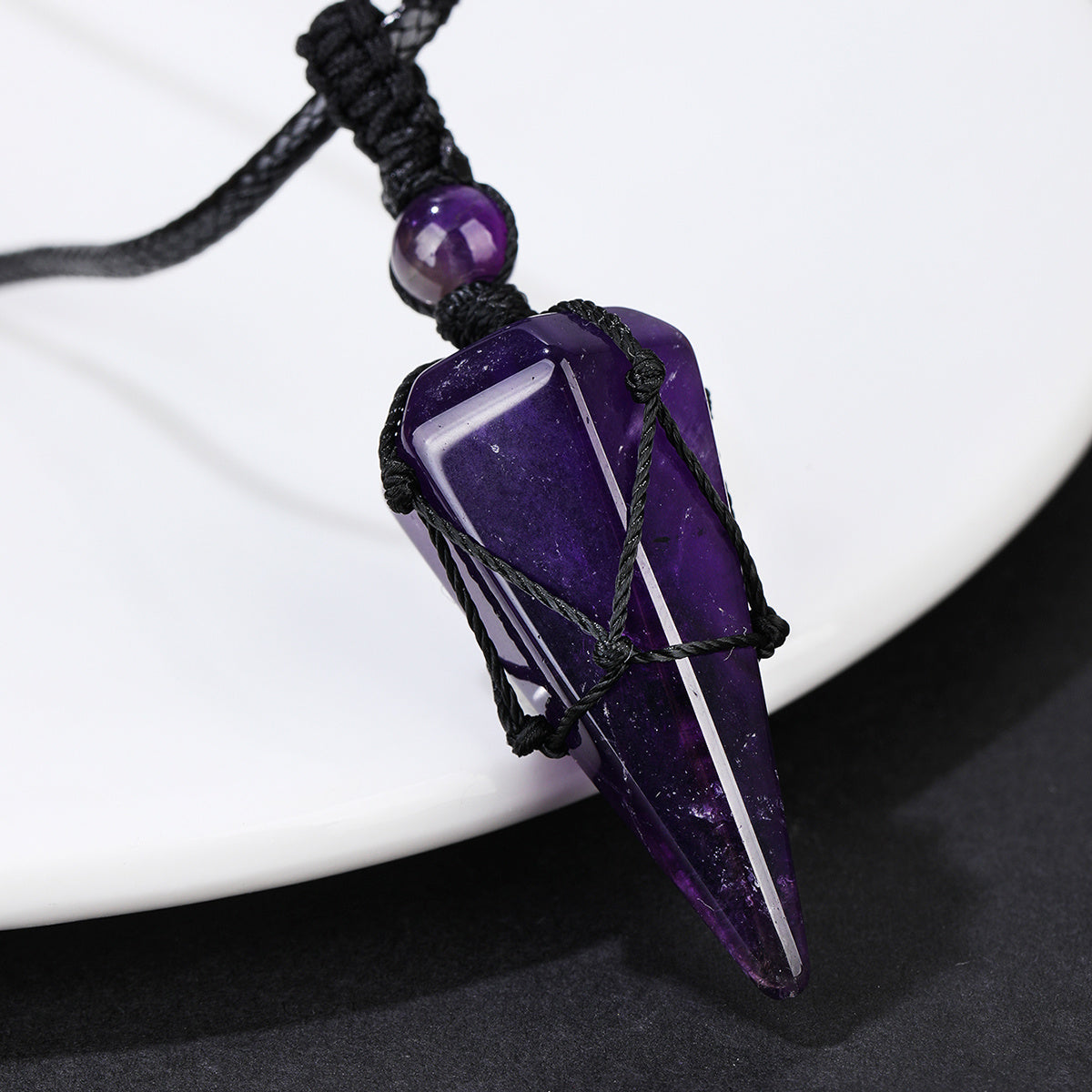 Natural Amethyst Crystal Hexagonal Cone Pendant - Stylish Men's Necklace with Braided Rope - Fashion Accessory