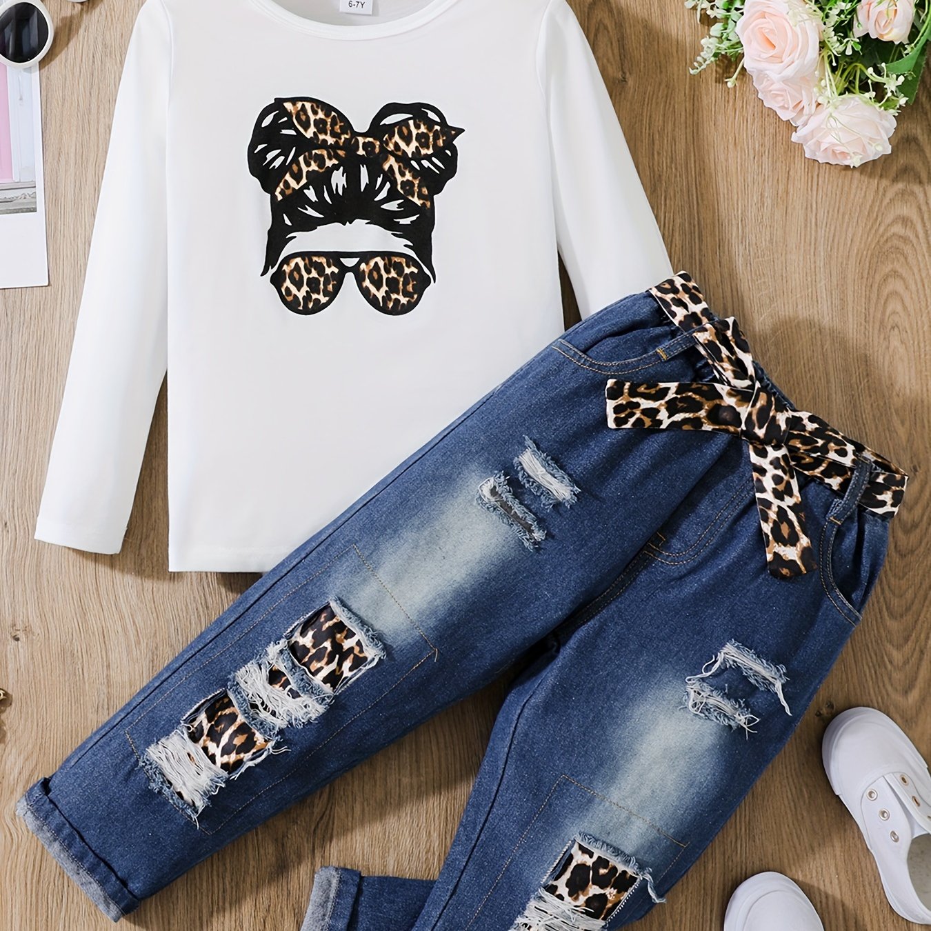 2pcs Girl's Figure Print Long-sleeve Tee and Belted Ripped Denim Jeans Set, Casual Outdoor Clothing