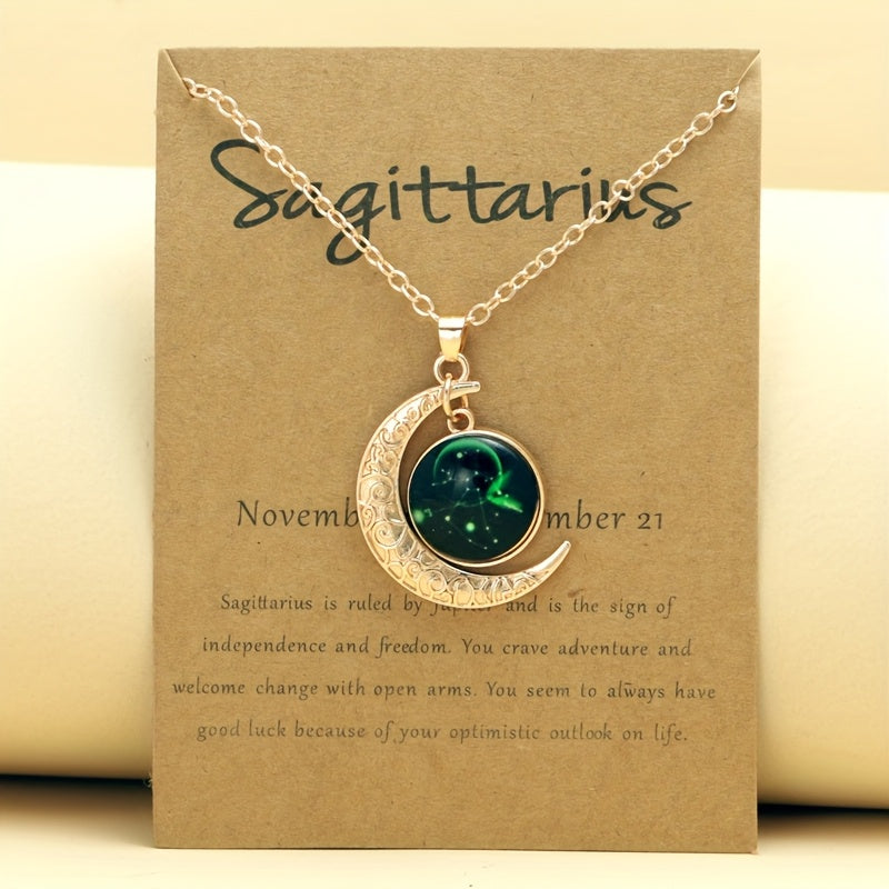Glow-in-the-Dark Zodiac Necklace with Vintage Moon Pendant - Stylish Aquarius/Sagittarius/Leo/Leprechaun/Night & Sun Signs, Colorful Glass Charms, Zinc Alloy, Perfect Gift for Men