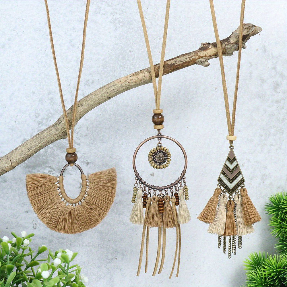 3pcs Ethnic Style Women's Fashion Pendant Necklace Set with Floral Tassel Pendant, Bronze Enamel Drip Zinc Alloy with Glass Rhinestone Inlay, Vintage Necklace
