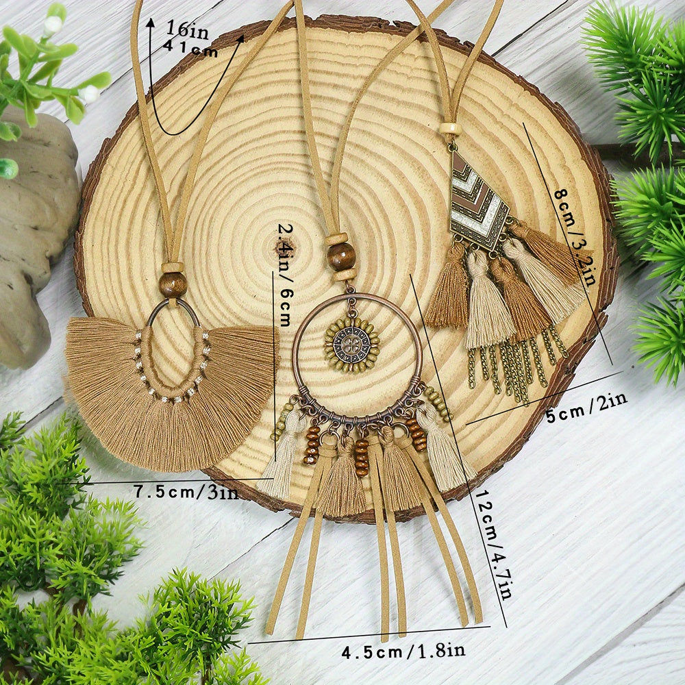 3pcs Ethnic Style Women's Fashion Pendant Necklace Set with Floral Tassel Pendant, Bronze Enamel Drip Zinc Alloy with Glass Rhinestone Inlay, Vintage Necklace