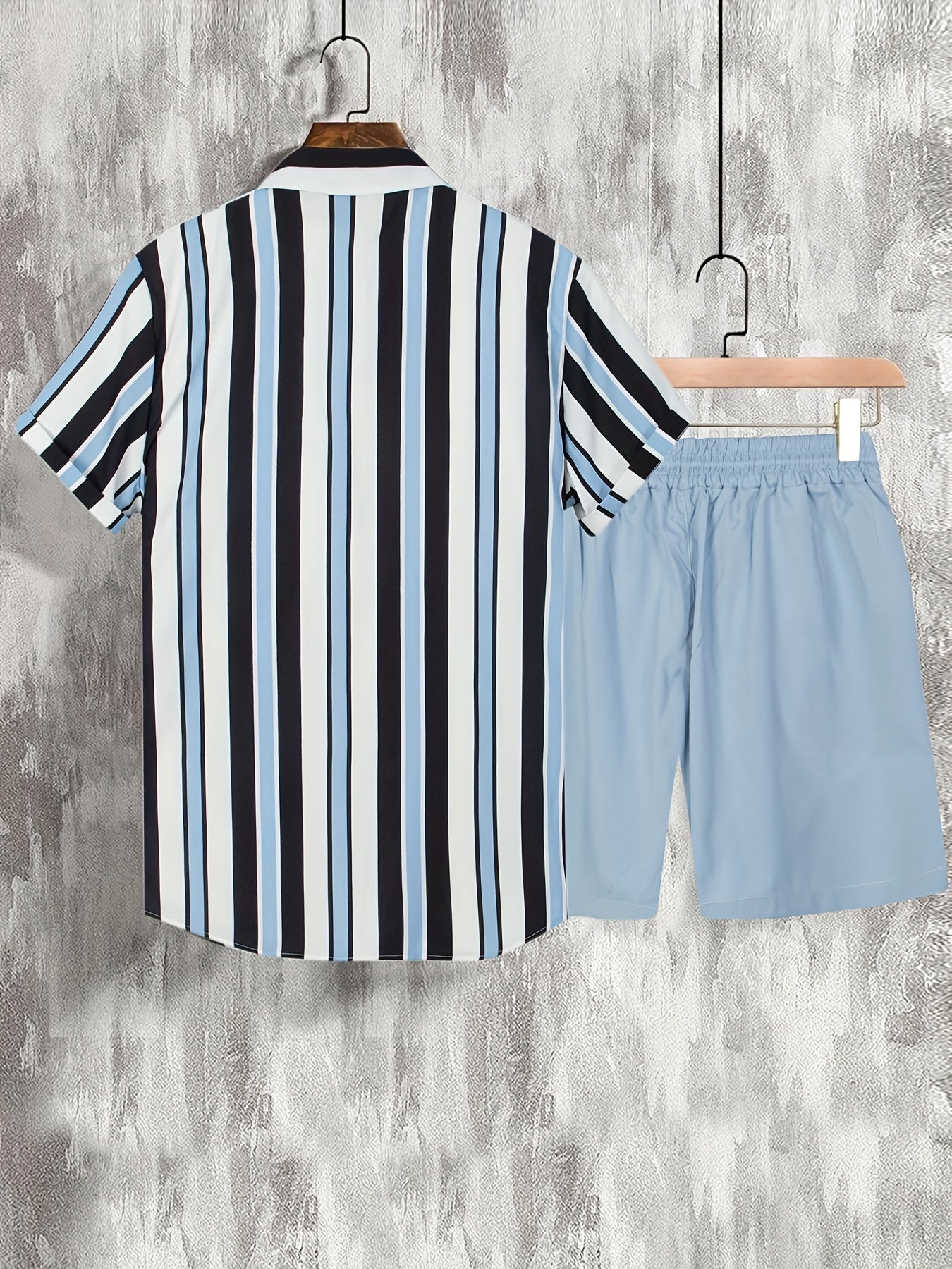 Vertical Striped Pattern Print, Men's 2Pcs Outfits, Casual Lapel Button Up Short Sleeve Shirts Shirt And Drawstring Shorts Set For Summer, Men's Clothing