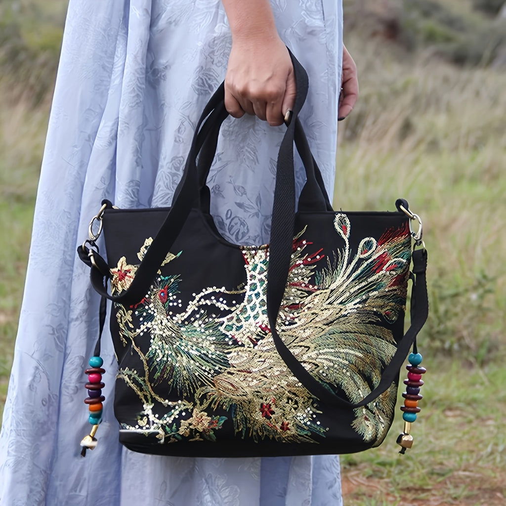 Wo 'S Embroidered Satchel Bag, Fashion Double Handle Purse, Retro Style Handbag with Removable Strap
