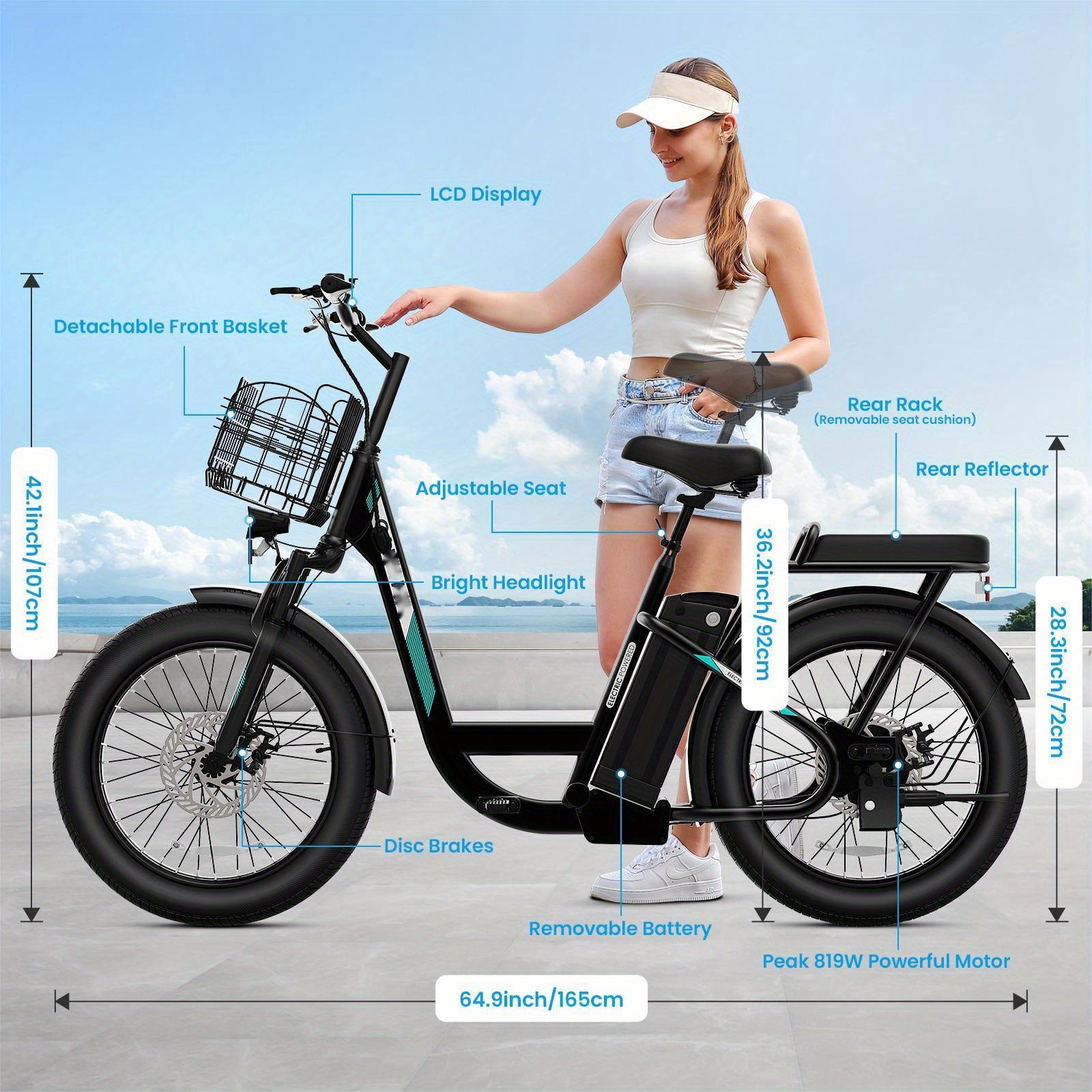 Peak 750W Adults Adjustable Electric Scooter with Seat & Basket, Rated 500W, 48V 7800mAh Lithium Battery, 25 Miles Range & 20 MPH Top Speed Commuting Electric Scooter, 20X3 inch Off-Road Tires, With LCD Display & Dual Seats,
