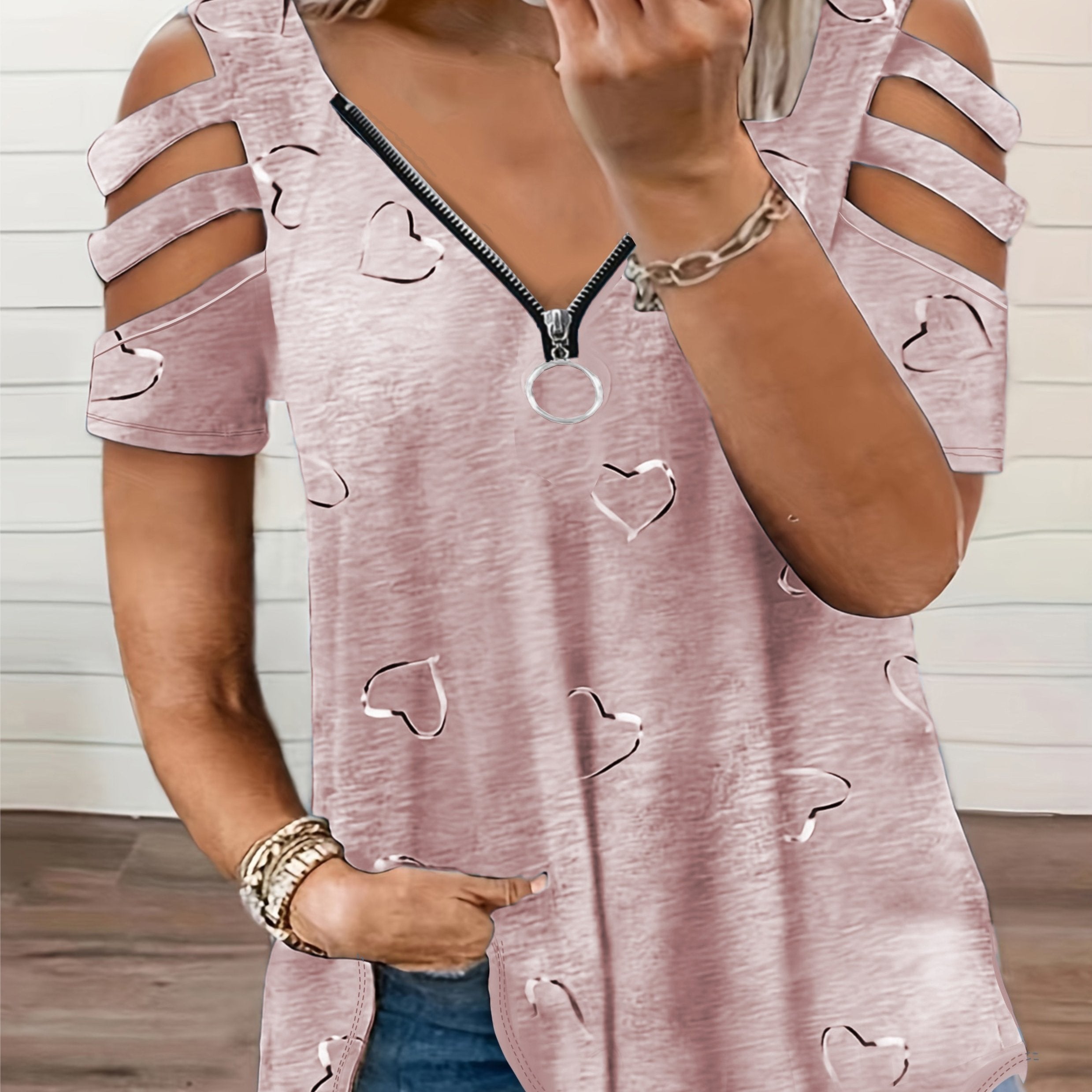 Plus Size, 2021 European and American Cross-Border Wish Women's Fashion V-Neck Zipper Print Short Sleeve Loose Casual T-Shirt Women's Top