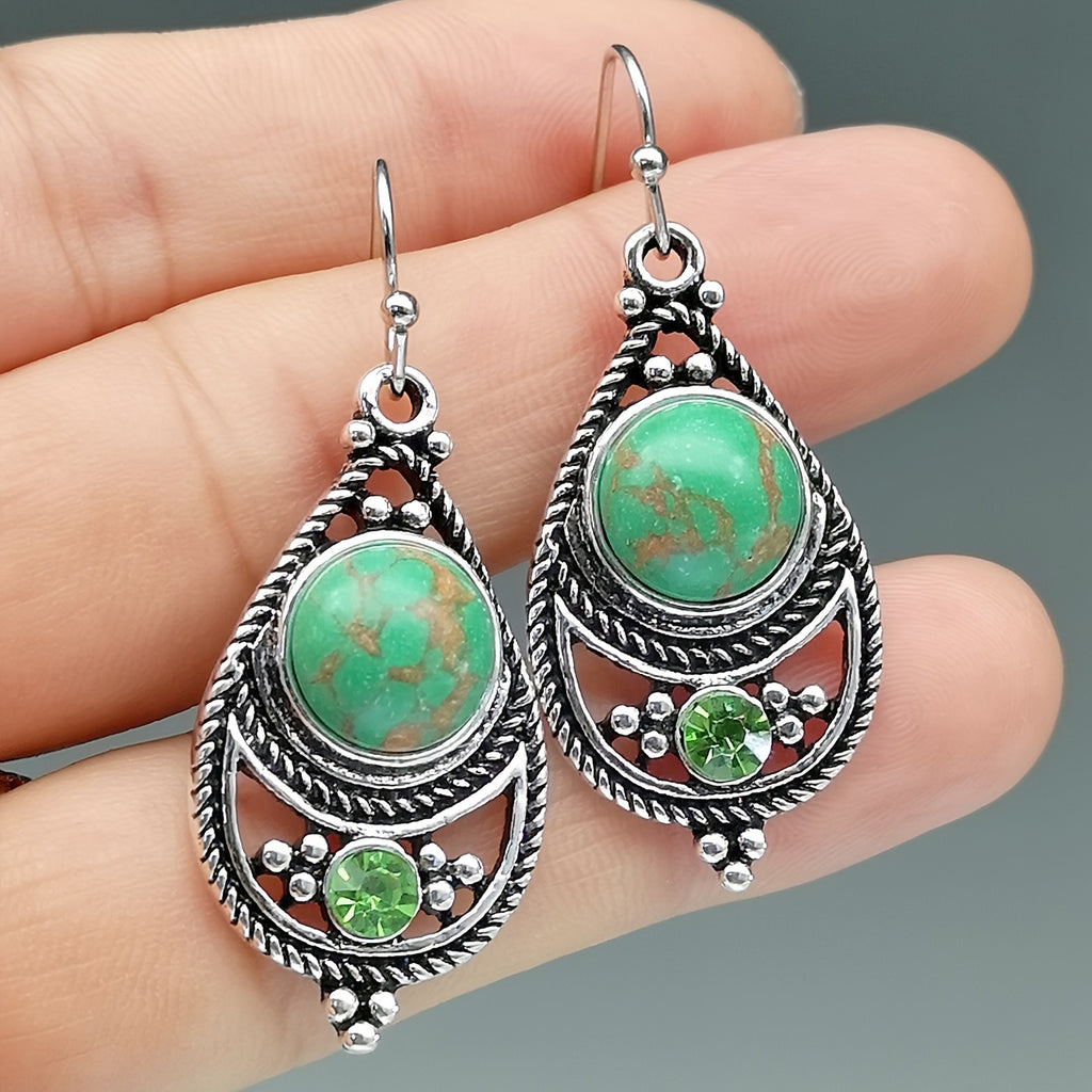 [Vintage Boho Earrings] Green Aventurine Vintage Boho Dangling Earrings | Alloy, English Style, Stainless Steel Ear Needle, for Daily Wear, Office, Street, Party, Vacation, Gift