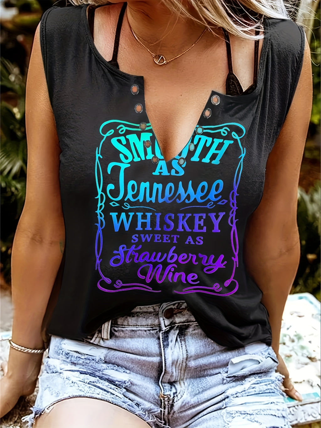 Smooth As Tennessee Whiskey Sweet As Strawberry Wine Shirt Ring Hole Sleeveless Sexy V-Neck Womens Country Music Tank Top