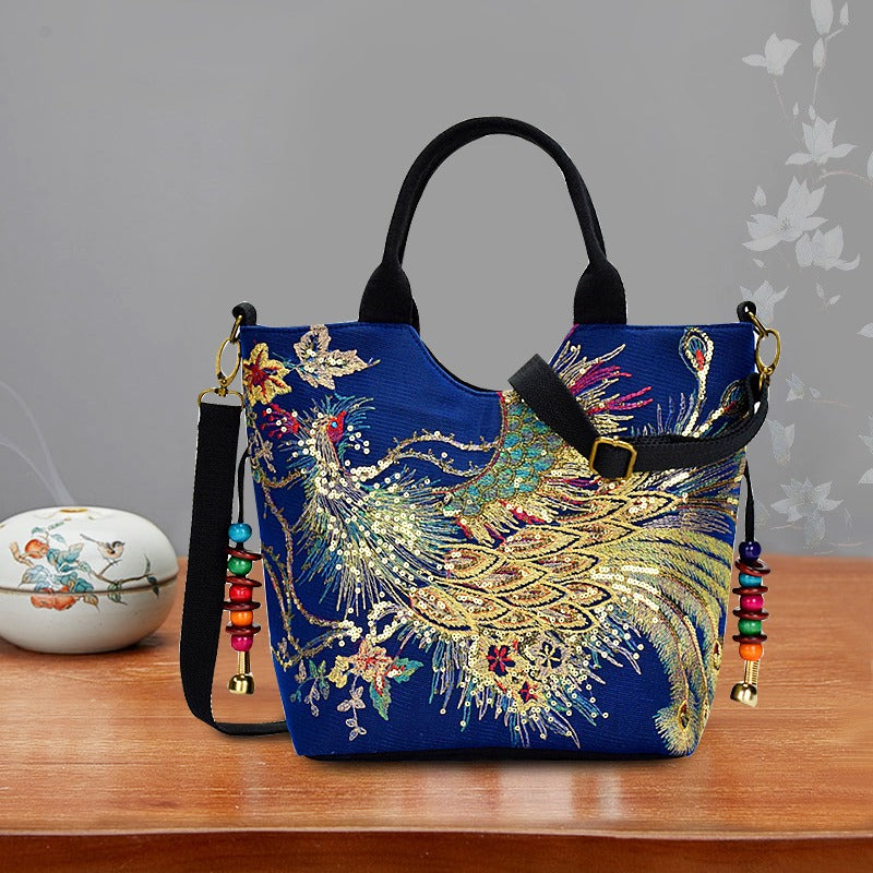 Wo 'S Embroidered Satchel Bag, Fashion Double Handle Purse, Retro Style Handbag with Removable Strap