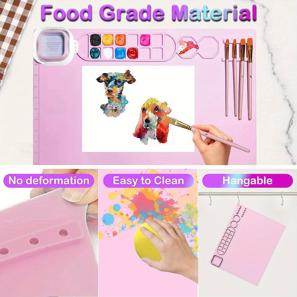 [Non-Stick Craft Mat] Non-Stick 19.6x15.7 Inch Silicone Craft Mat with Collapsible Cup | Large Sky Blue Art Mat, Foldable High Quality Design, Measurement Markings & Multi-Well Palette for Painting, Sculpting, Resin & Hot Glu