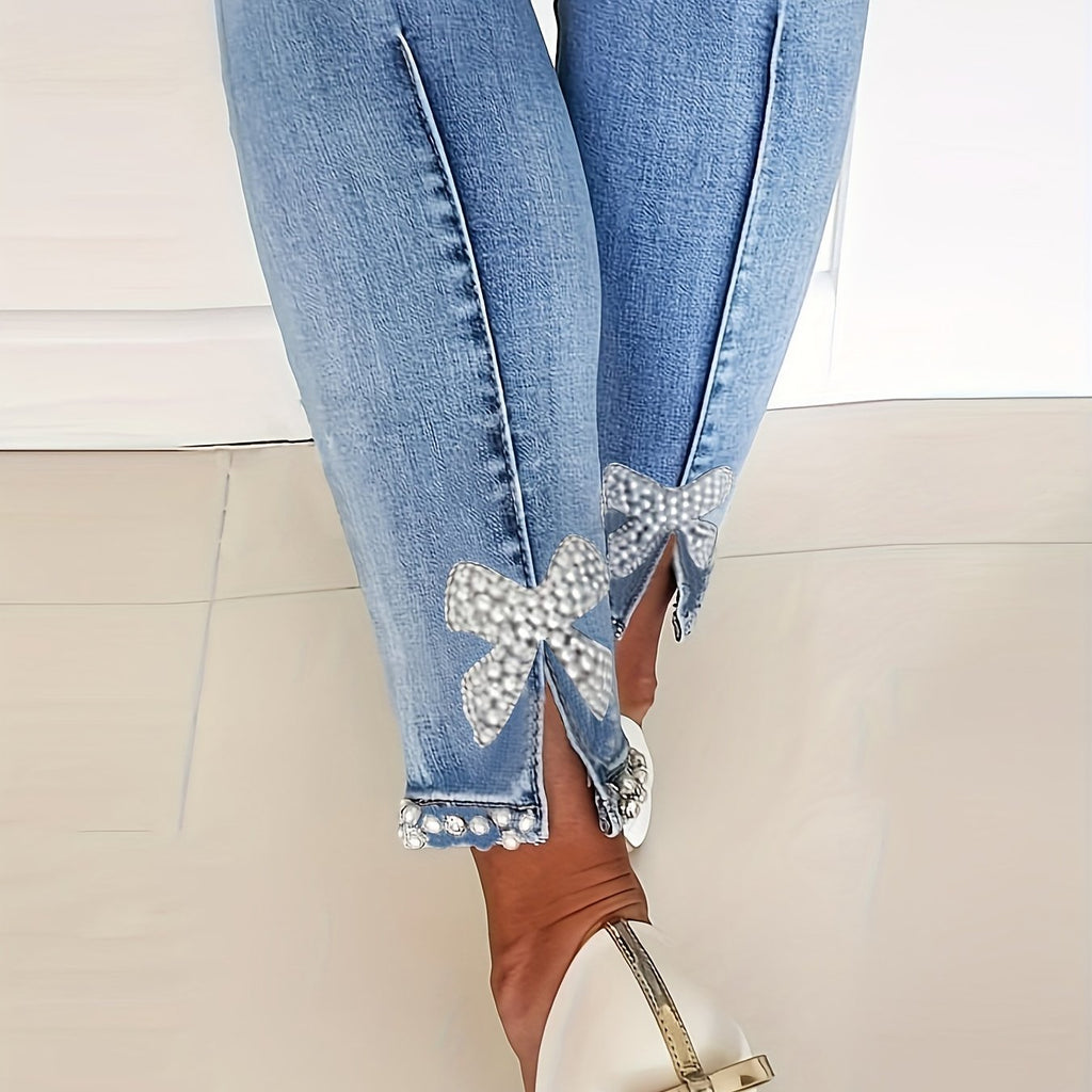 Blaue High-Stretch Skinny Jeans, Hose aus Denim mit Faux-Perlen-Dekor und schmaler Passform, Damen-Jeans & Bekleidung