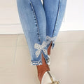 Blaue High-Stretch Skinny Jeans, Hose aus Denim mit Faux-Perlen-Dekor und schmaler Passform, Damen-Jeans & Bekleidung