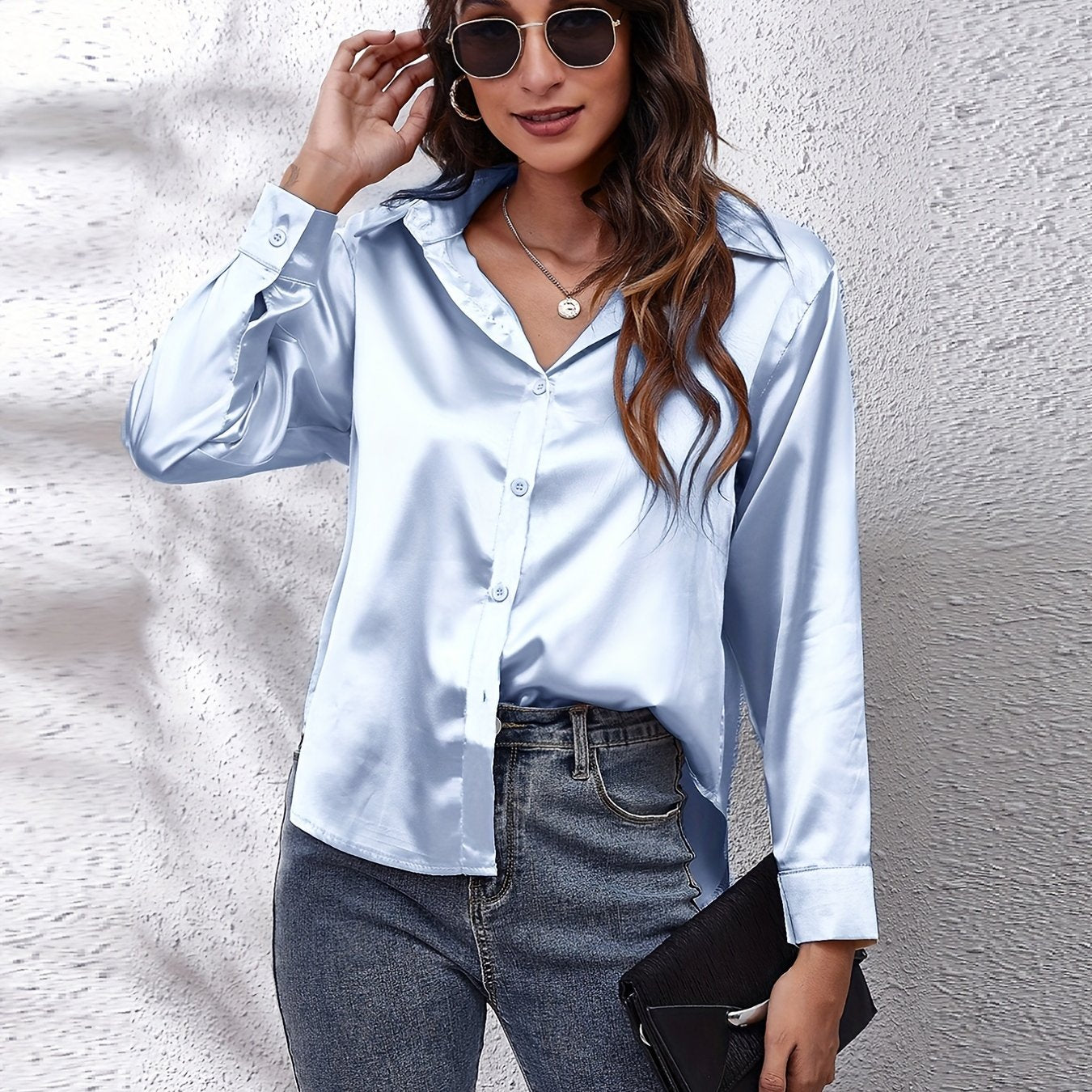 Hot Style In-Kind Shooting Satin Shirt Women'S Satin Imitation Long-Sleeved Shirt New European And American Cross-Border Women'S Clothing