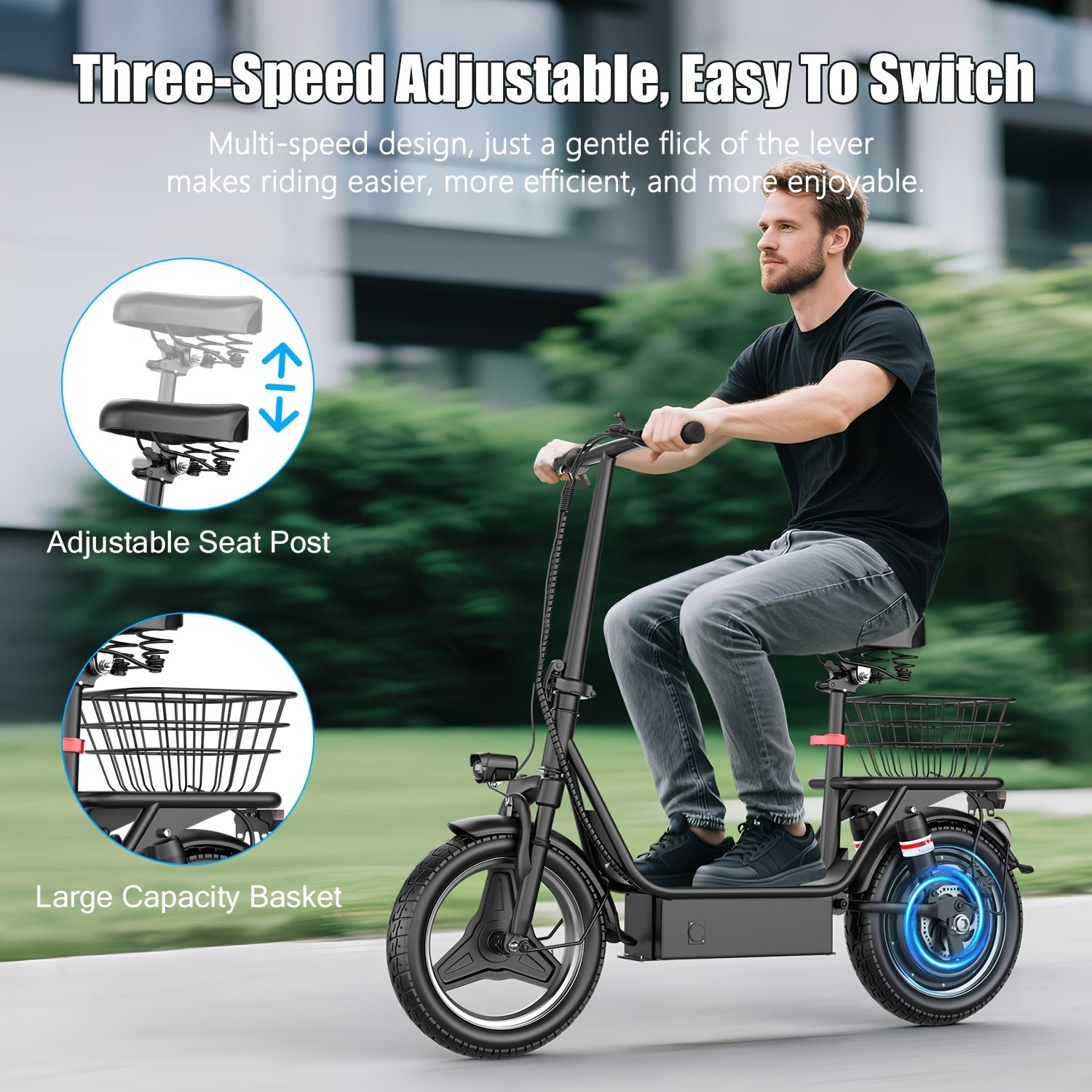 Electric Scooter with Seat, 30 Miles Long Range & 20Mph Top Speed, 14" Pneumatic Tire, Height Adjustable Seat &Handlebar, Dual Suspensions Commuting Scooter with Basket