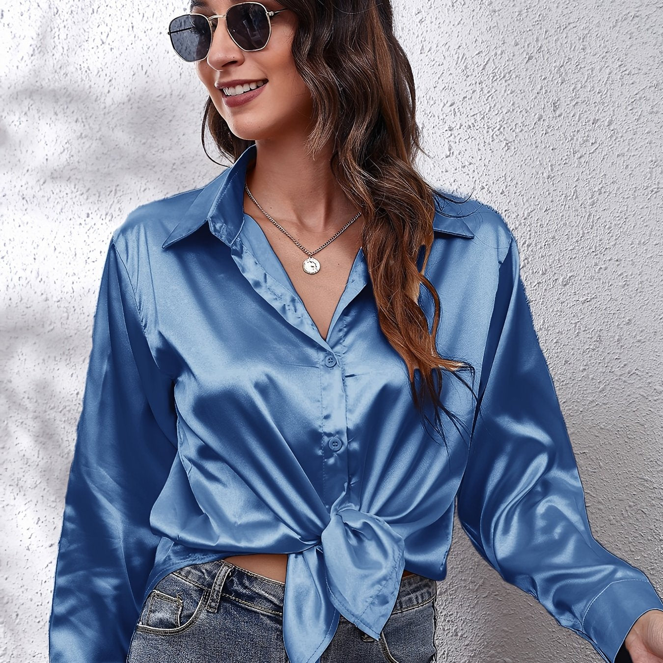 Hot Style In-Kind Shooting Satin Shirt Women'S Satin Imitation Long-Sleeved Shirt New European And American Cross-Border Women'S Clothing