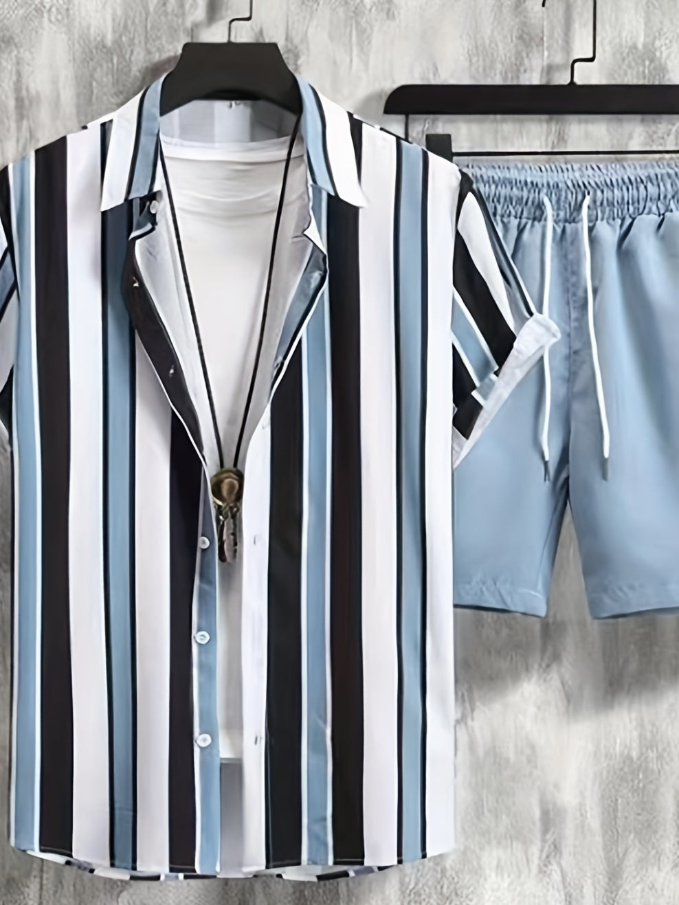 Vertical Striped Pattern Print, Men's 2Pcs Outfits, Casual Lapel Button Up Short Sleeve Shirts Shirt And Drawstring Shorts Set For Summer, Men's Clothing