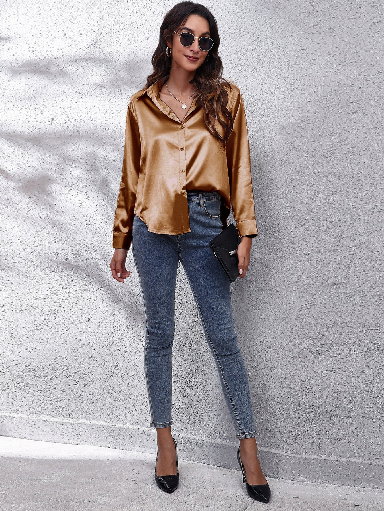 Hot Style In-Kind Shooting Satin Shirt Women'S Satin Imitation Long-Sleeved Shirt New European And American Cross-Border Women'S Clothing